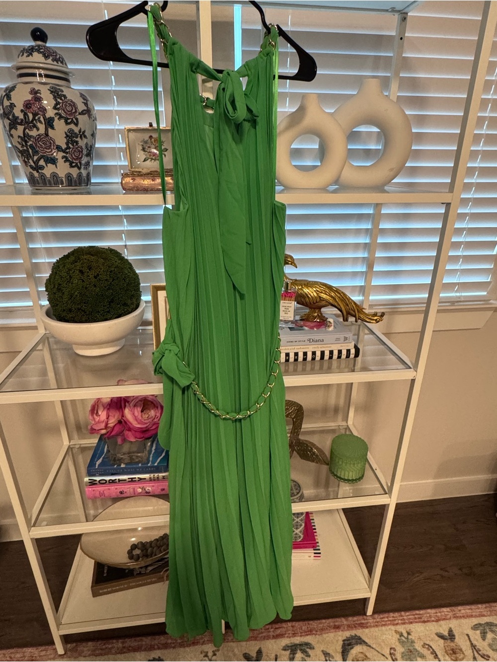 Impressions Bright Green Pleated Midi Dress with Chain Trim - Picture 2 of 2